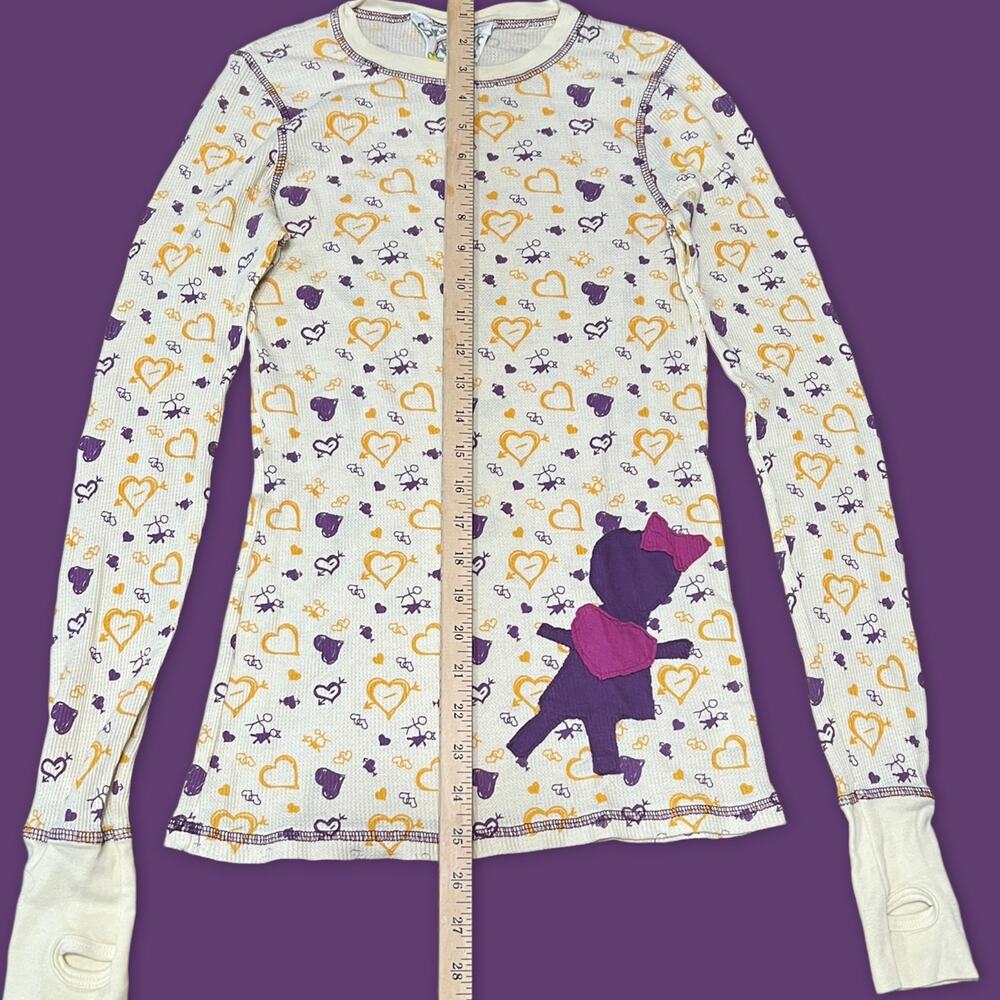 Vintage Y2K Emo Scrapbook Heart Doodles Long Sleeve Thermal Shirt - Size Small - Picture 8 of 8
